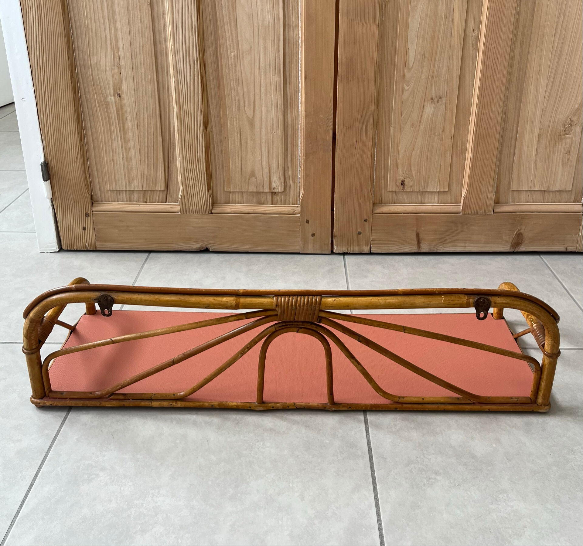 1960s rattan shelf with terracotta top