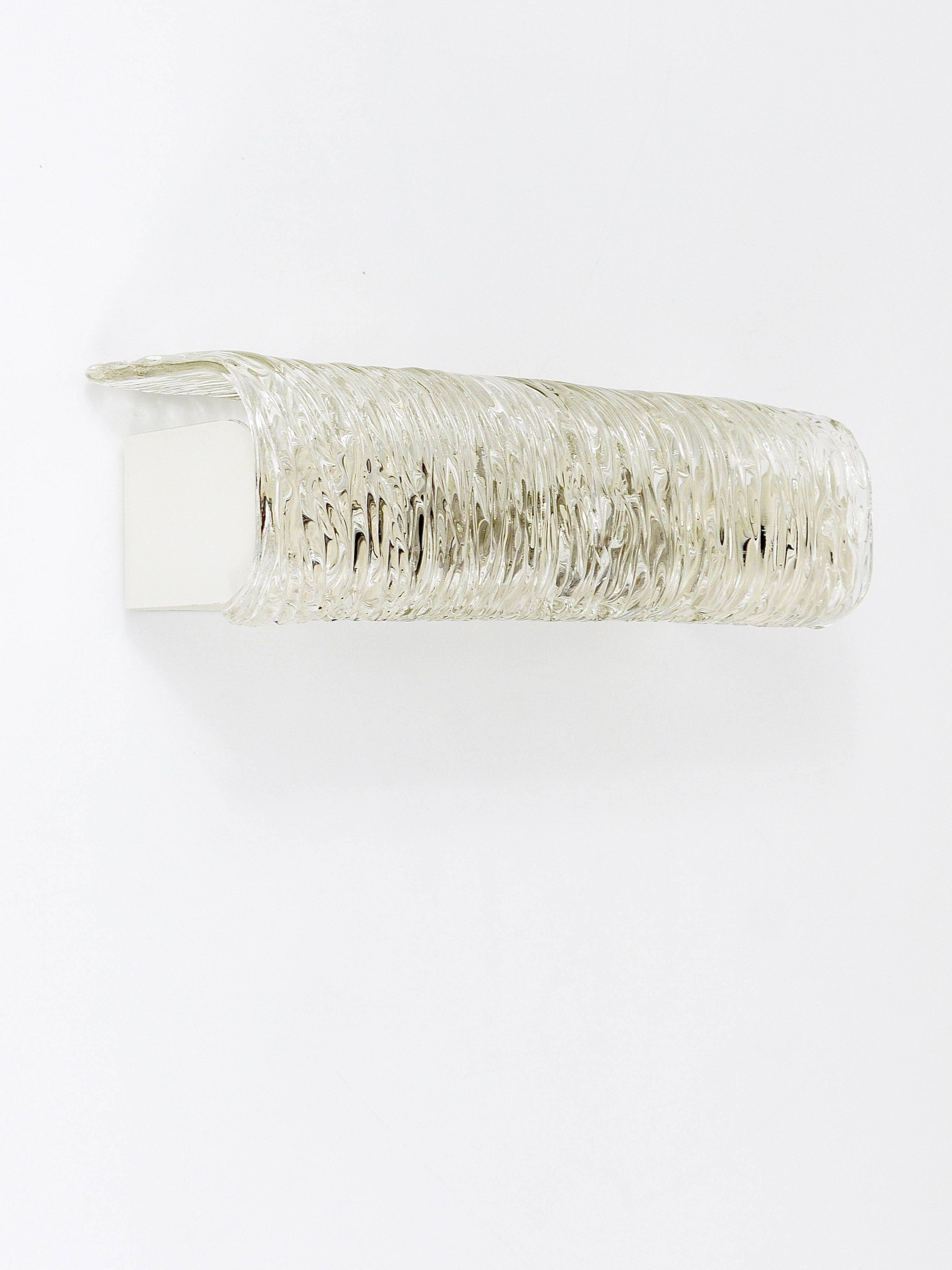 Wall-mounted mirror sconce by J.T. Kalmar, brass and textured glass, Austria, 1950s.