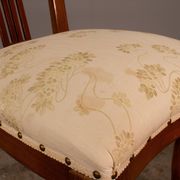 Upholstered damask table and 4 cherry chairs from the 80s