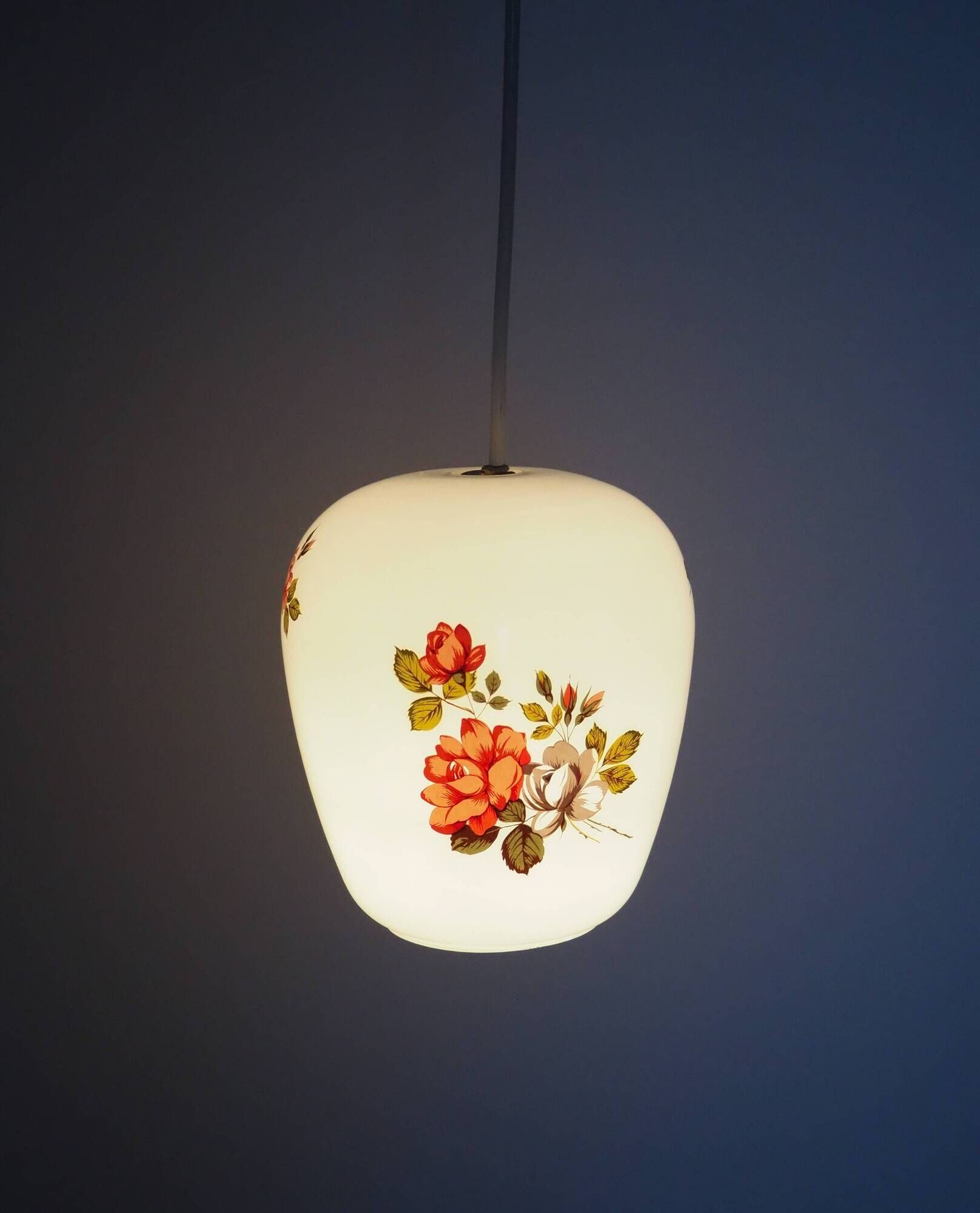 White opaline pendant lamp bouquets of roses from the 1970s.