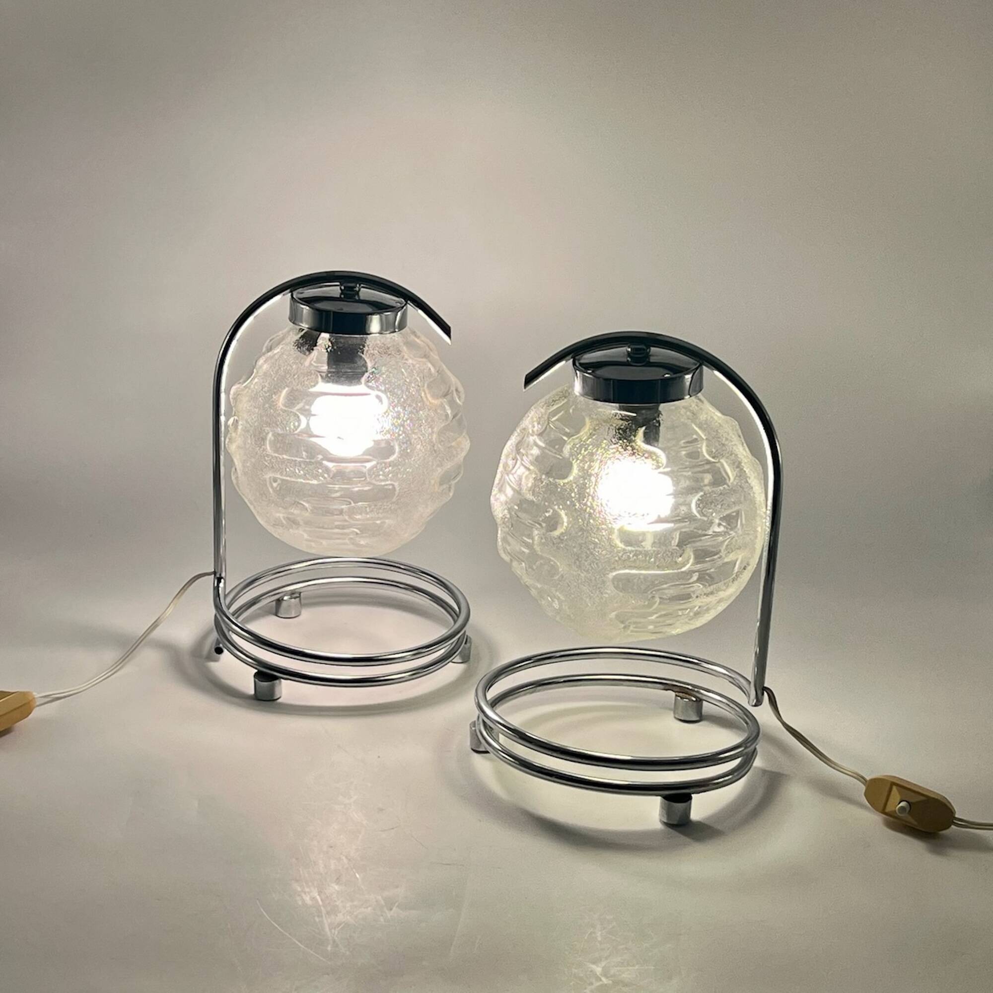 Stunning Pair of 70s Lamps in Chrome Metal and Crafted Glass Richard Essig Besigheim Design