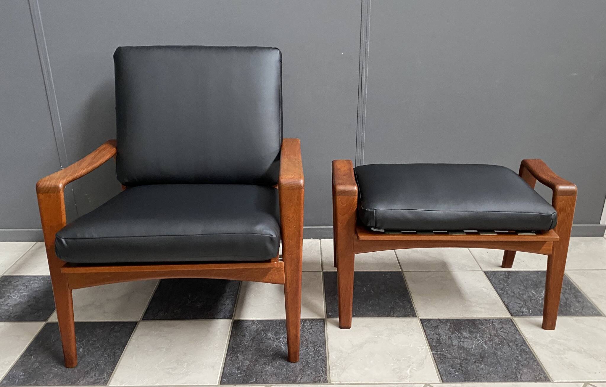 arne Wahl Iversen teak arm chair with ottoman