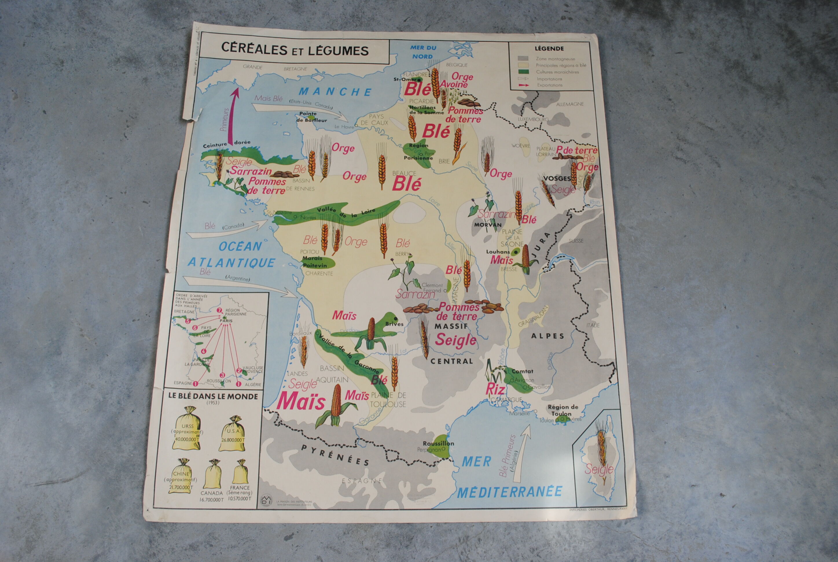 Carte scolaire Rossignol la Seine et ses affluents / céréales et légumes vintage