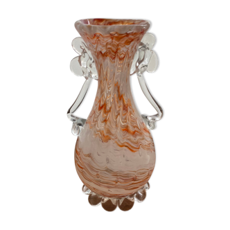 Vase en verre 2 couleurs, 2 anses pied dentellé en verre