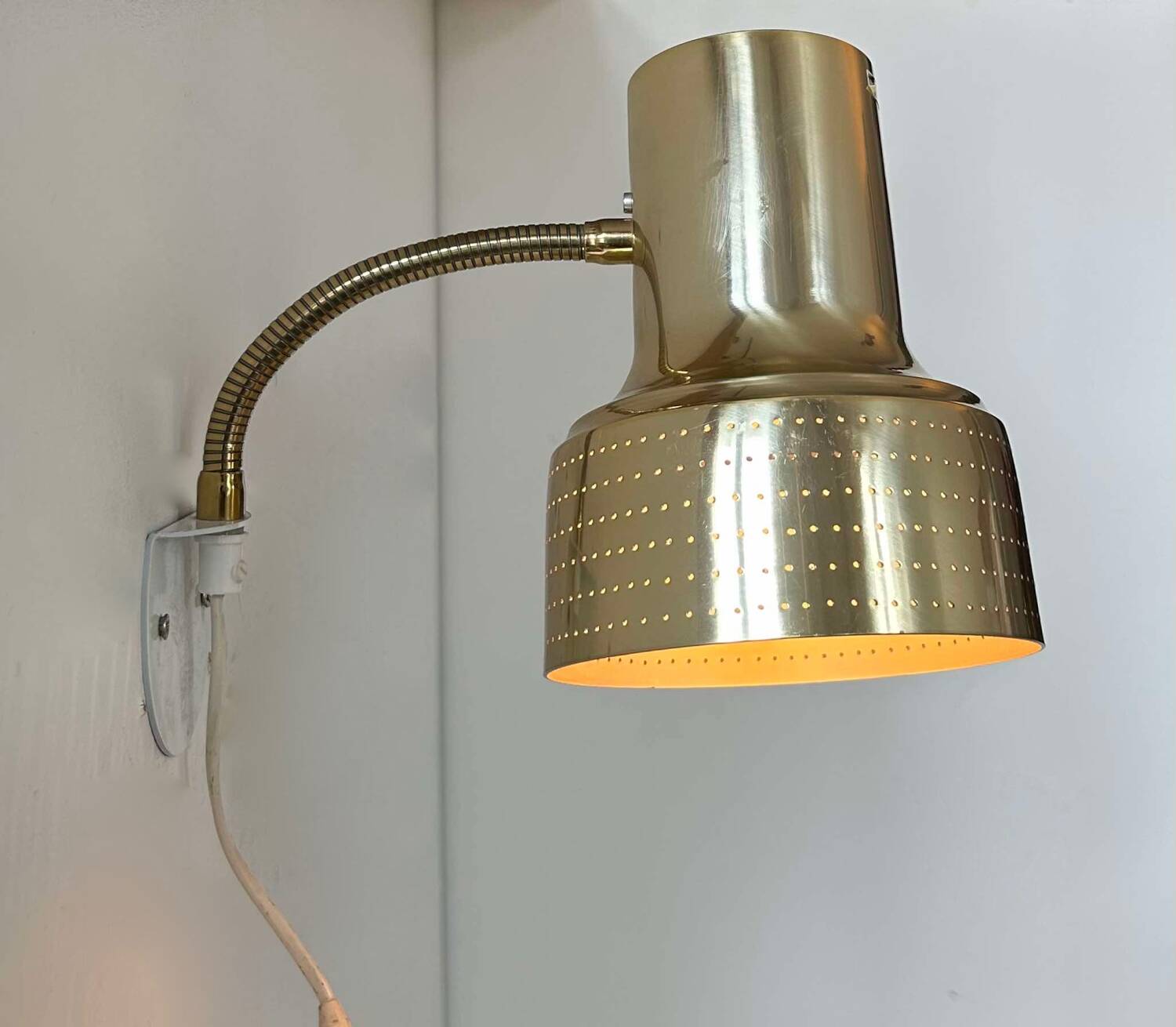 Vintage adjustable wall lamp, perforated brass, Carl Thore Suede 1960