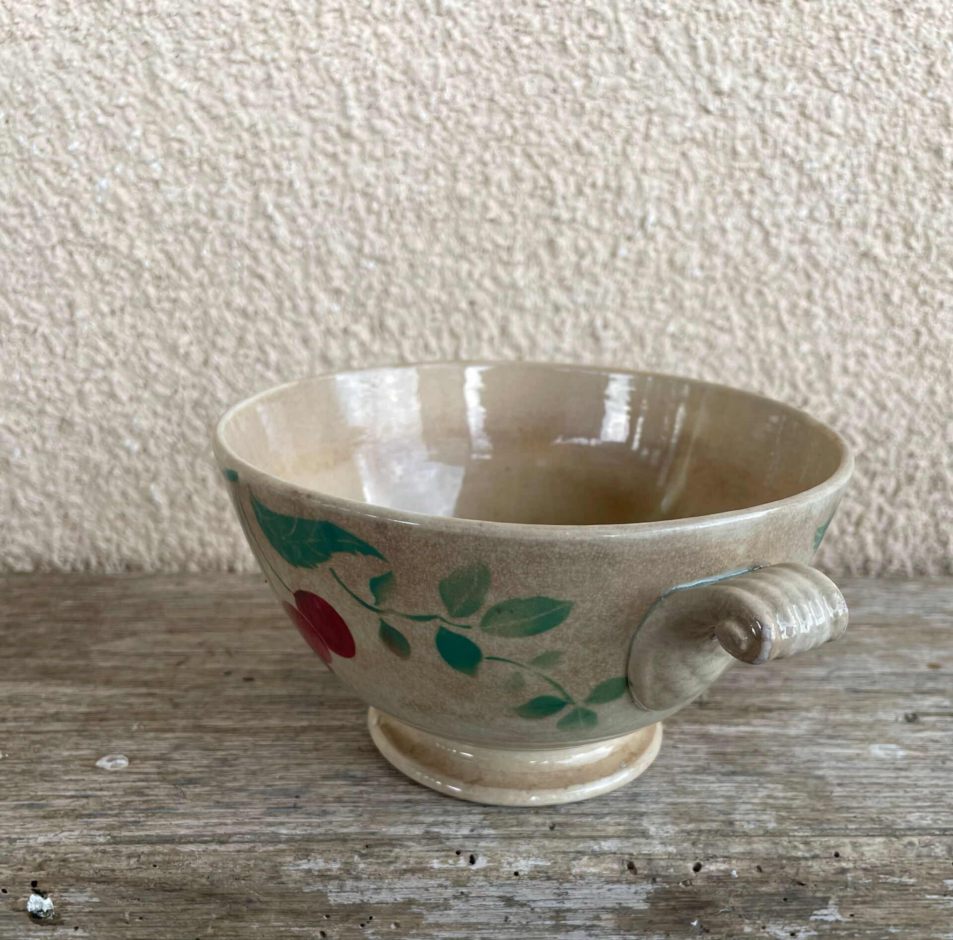 Earthenware bowl, café au lait bowl, antique, France, cherries.