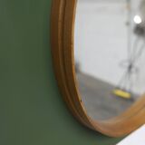 Unusual round wall mirror 60 cm teak edge on green rectangular board 1960.