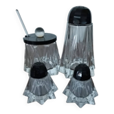 Salt shaker, pepper shaker, mustard pot, sugar bowl in crystal.