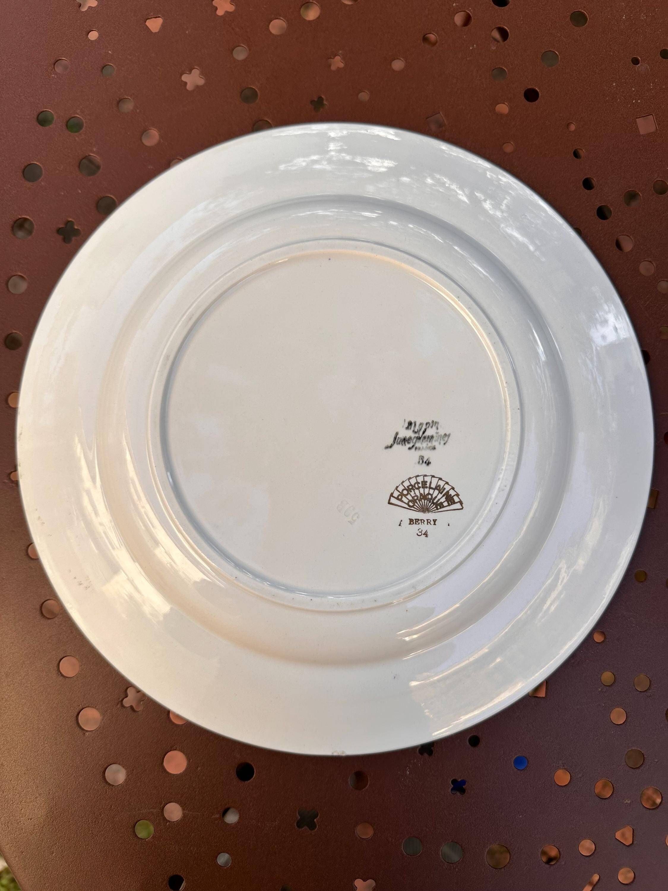 Plat rond faïence Digoin Sarreguemines Berry vert et frise dorée