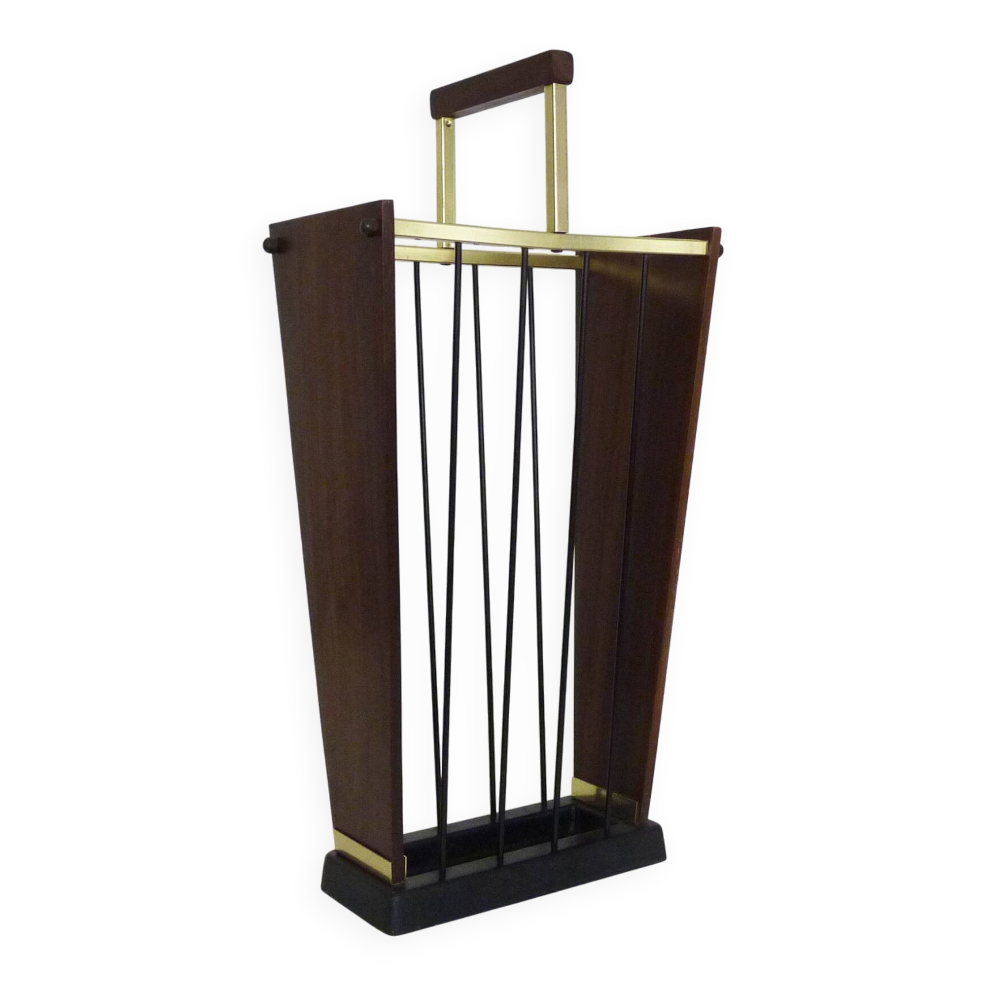 Umbrella stand, walking stick holder in brass, teak and metal, Germany, 1960s
