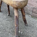 Pair of rustic 1940 brutalist wooden tripod farm stools vintage