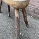 Pair of rustic 1940 brutalist wooden tripod farm stools vintage