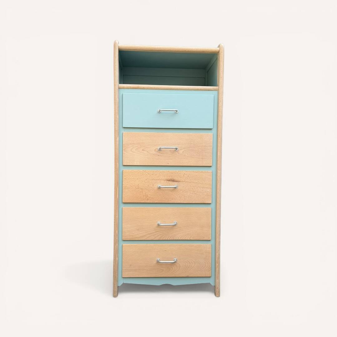 Vintage tall chest of drawers in raw wood and grey-blue from the 1950s.