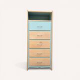 Vintage tall chest of drawers in raw wood and grey-blue from the 1950s.
