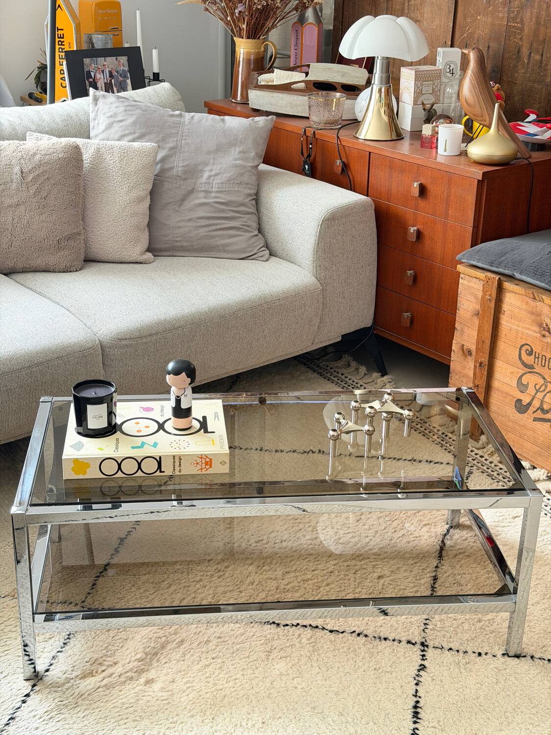 Table Basse Vintage Chrome & Verre Fumé (Style Belgo Chrom)