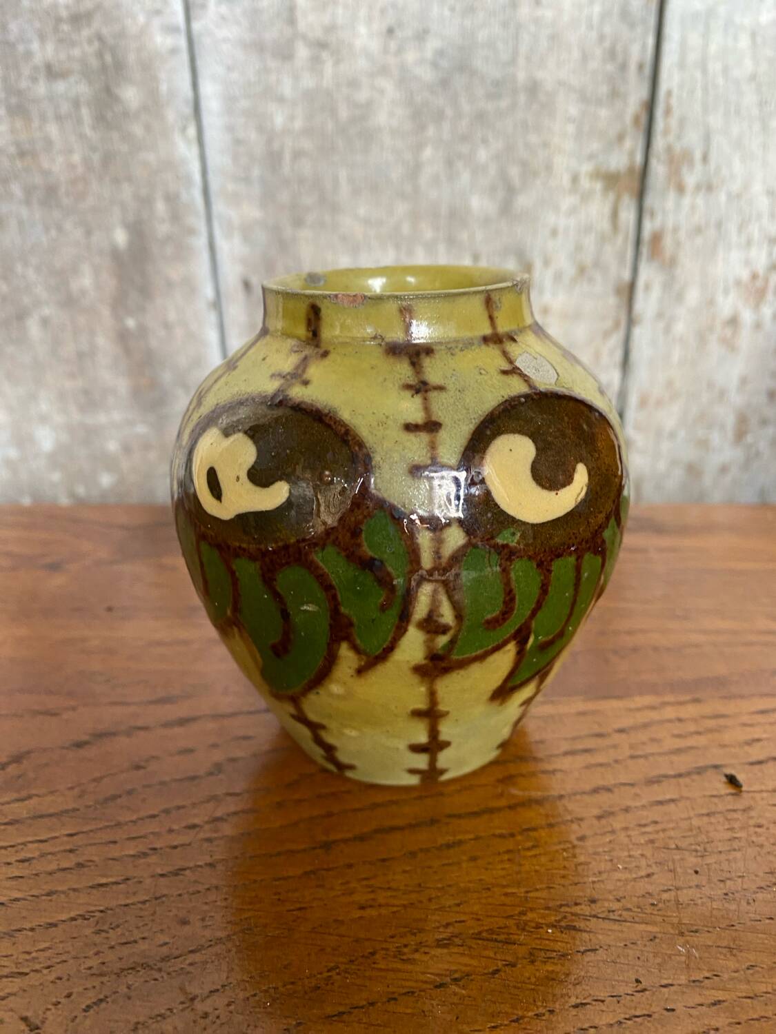 Antique yellow enameled terracotta vase painted decor made in france vintage