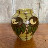 Antique yellow enameled terracotta vase painted decor made in france vintage