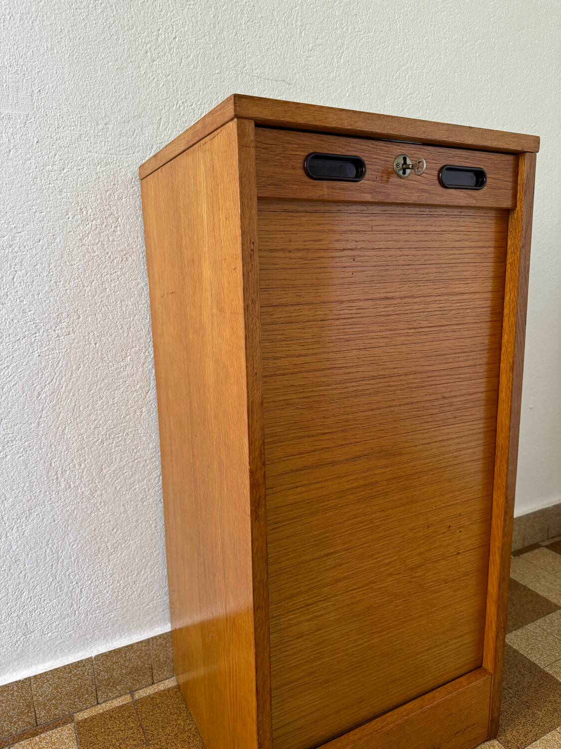 1960s wooden curtain filing cabinet