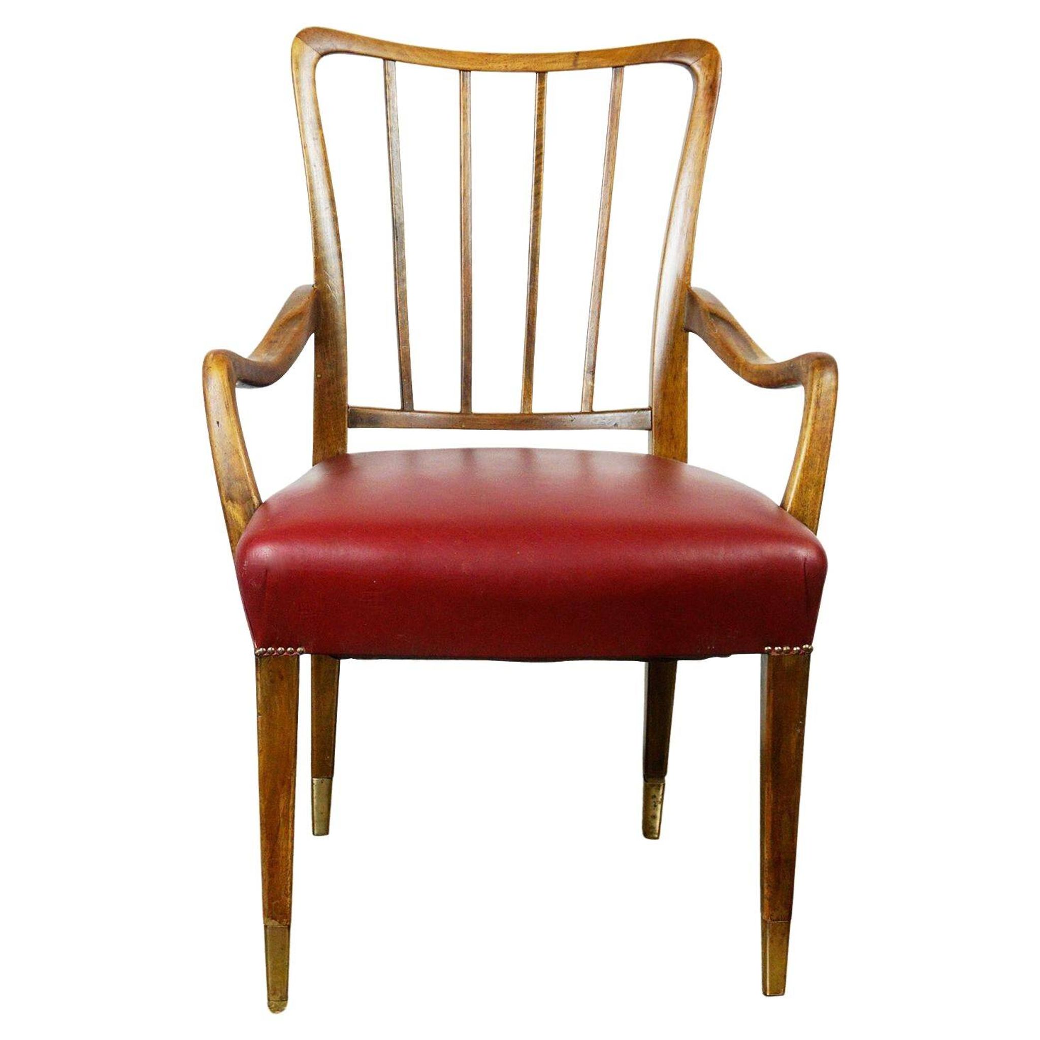 Austrian Dining Chairs in Walnut and Red Leather by Oswald Haerdtl from the Mid-Century