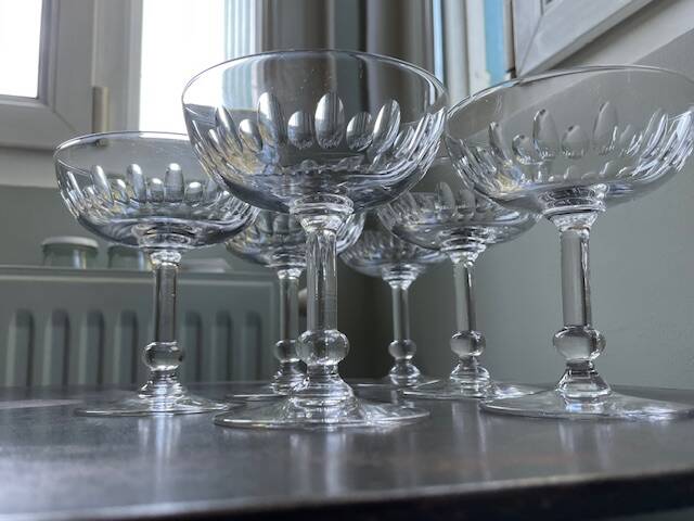 Set of 6 cut crystal champagne glasses with facets from Baccarat