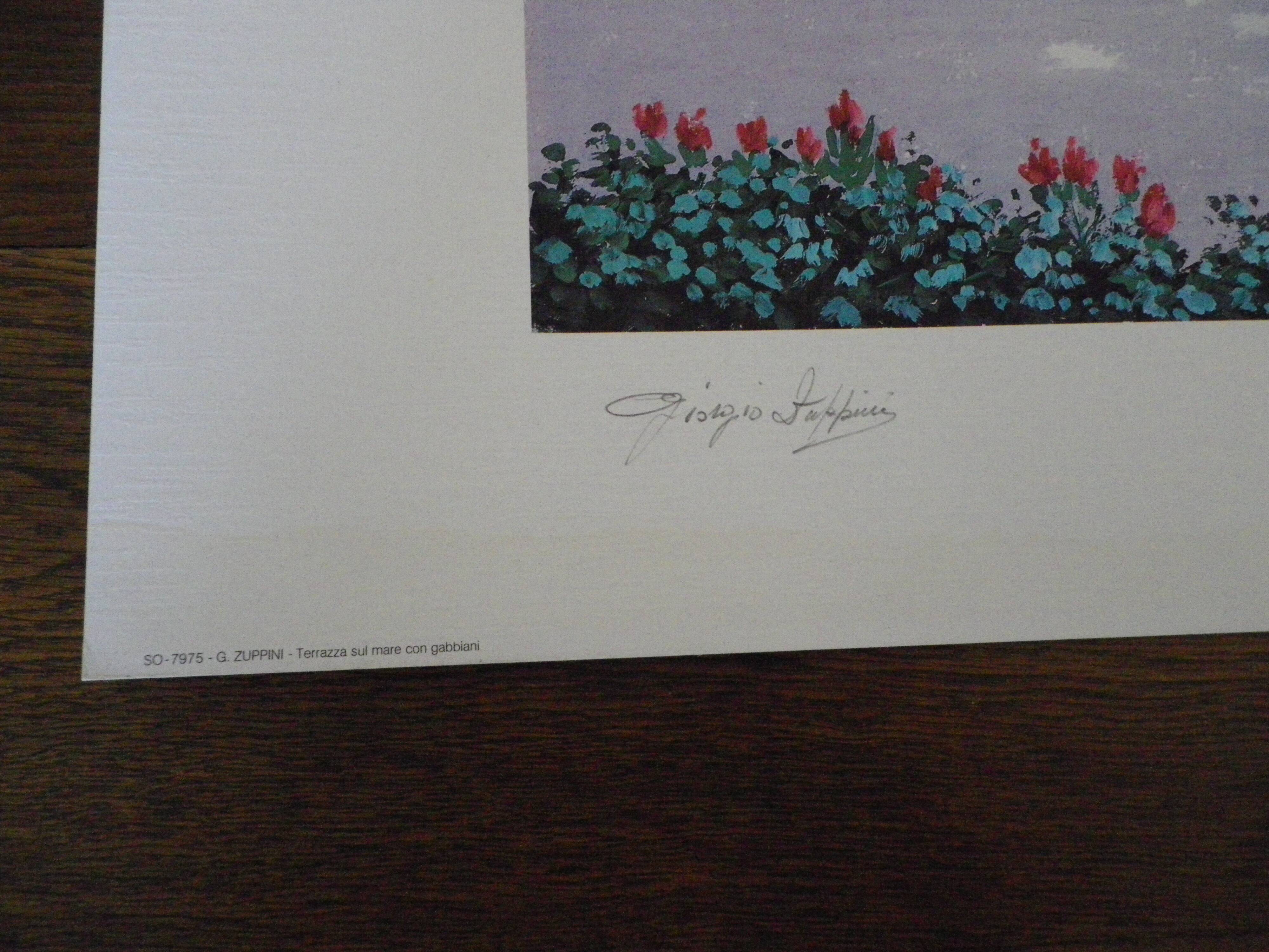 Giorgio Zuppini, Terrace by the Sea with Seagulls, Lithograph, 1970