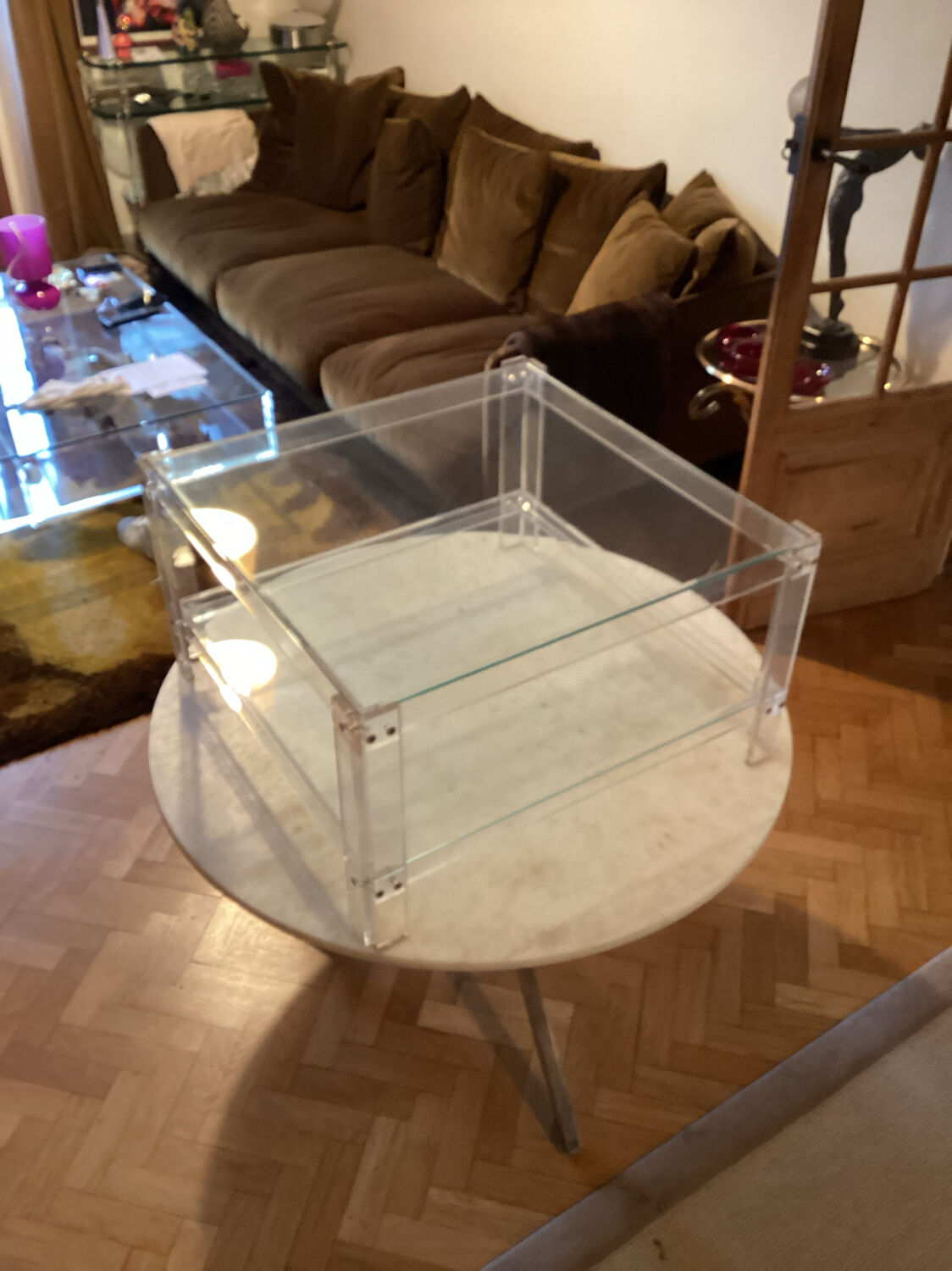 Plexiglass and glass coffee table