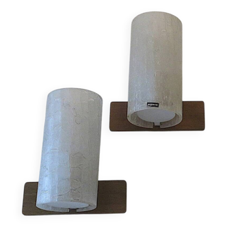 Pair of frosted crackled glass and teak wall lights by Doria, 1960s