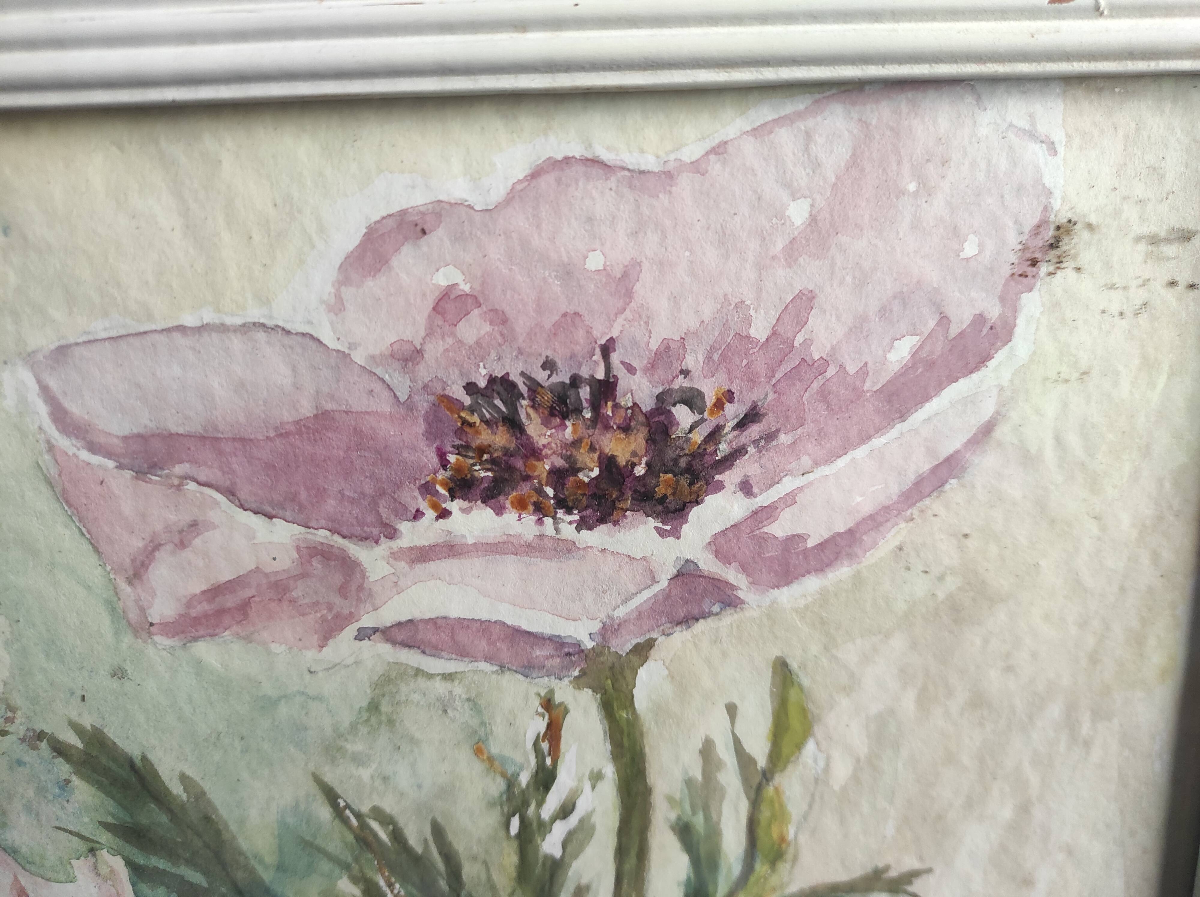 French watercolour of flowers, poppies, signed DR