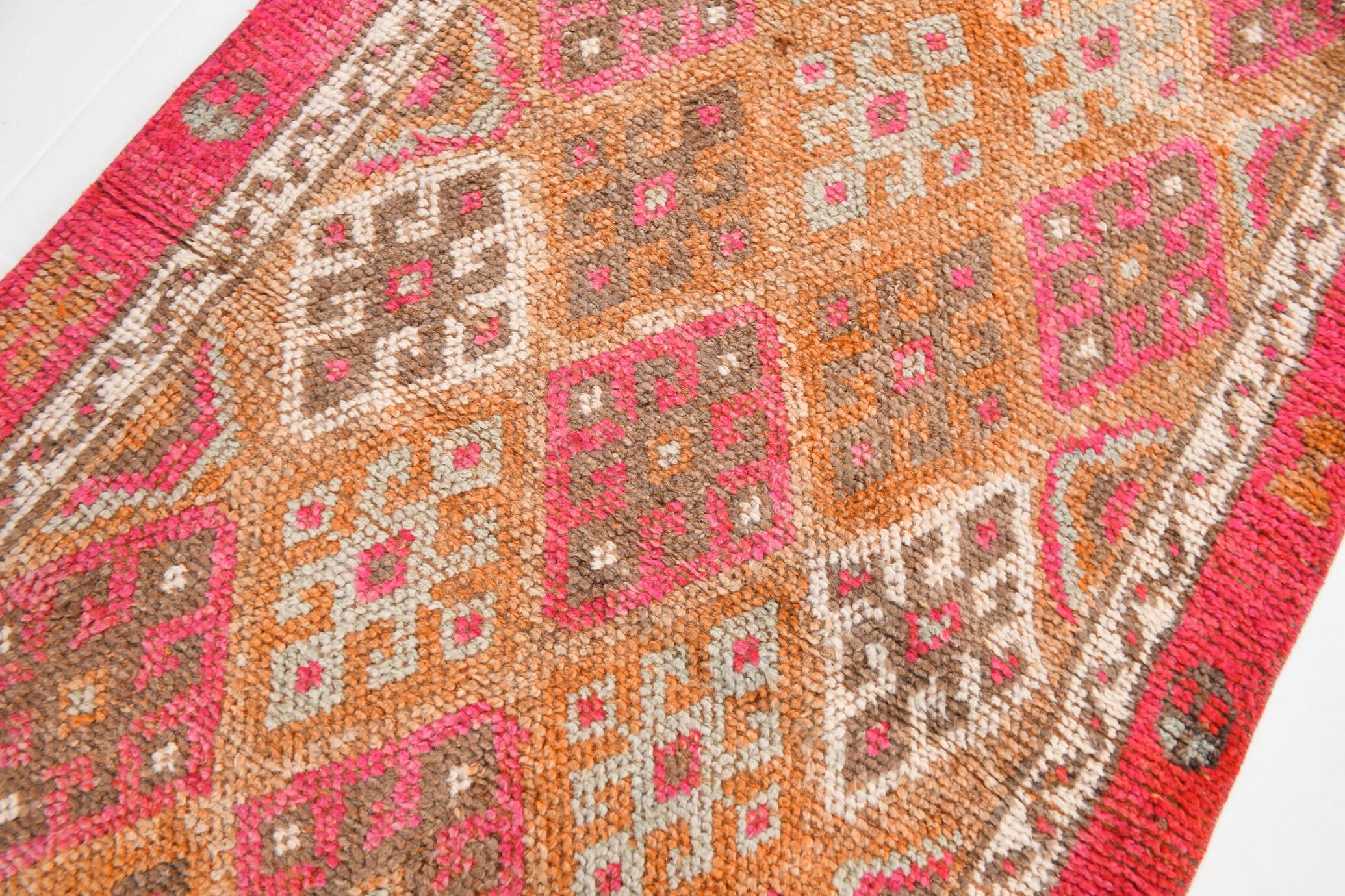 Red & Brown Geometric Vintage Runner Rug, 93x290Cm