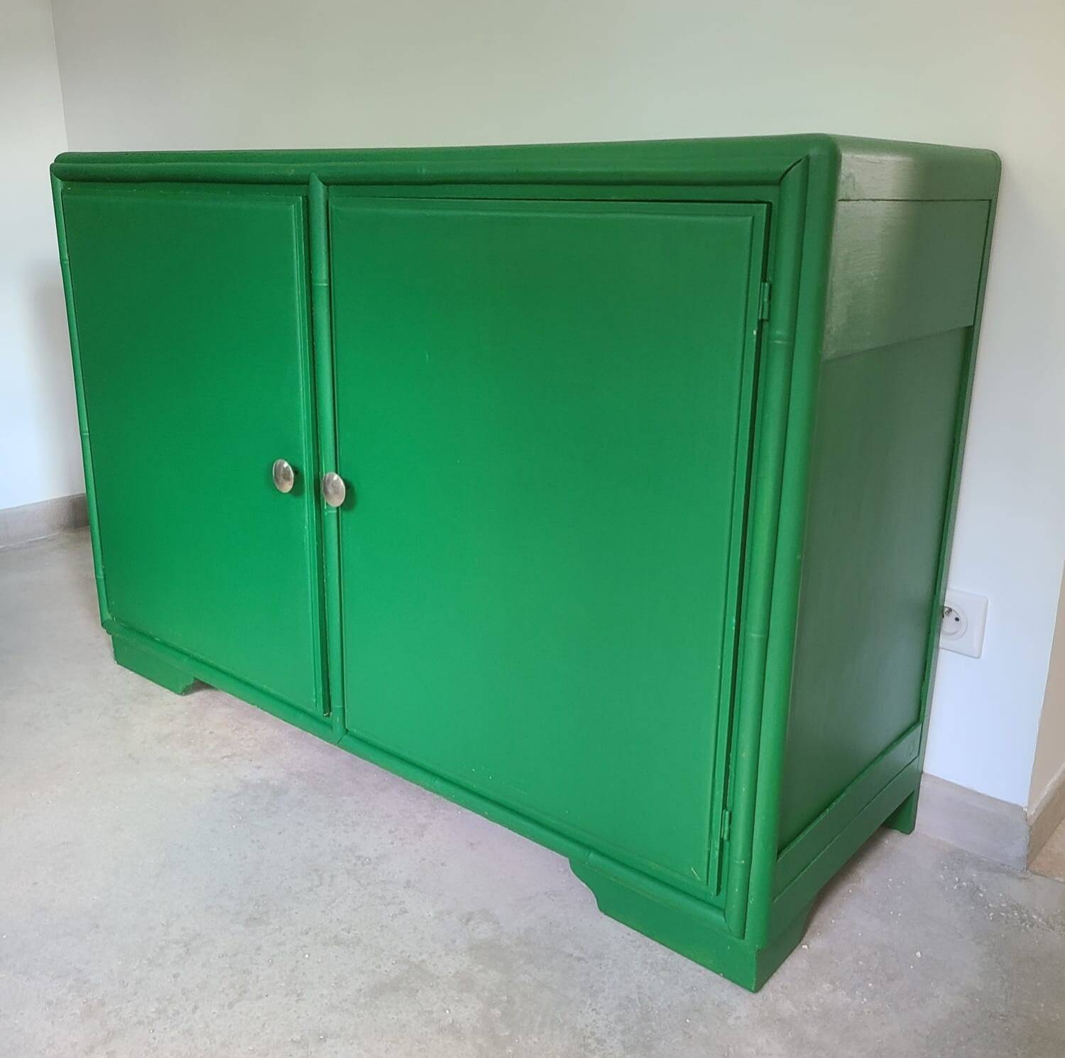 Old sideboard buffet Green wood and bamboo vintage storage unit
