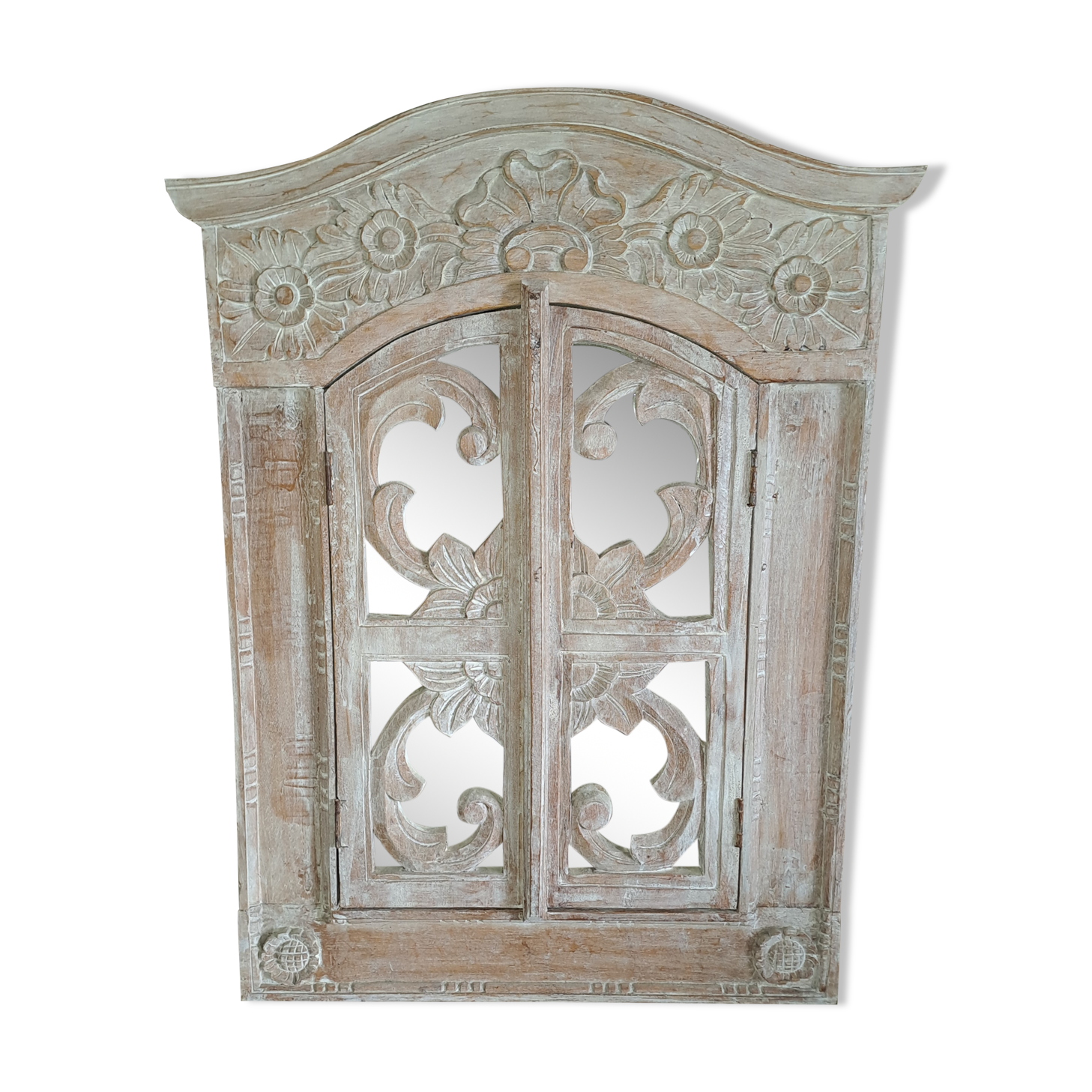Carved white wood mirror 1990 decorative carved with opening shutters on a square mirror