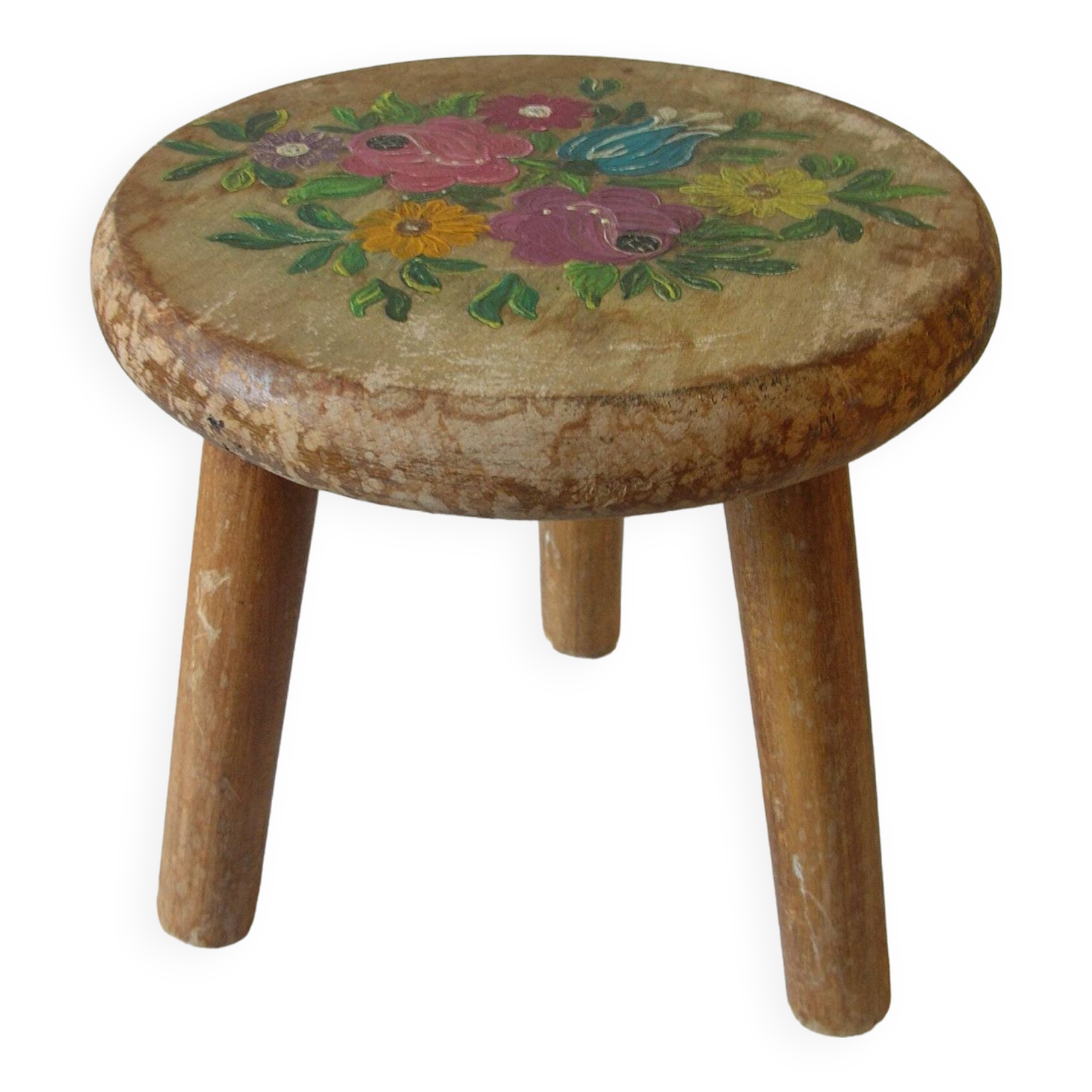 Old tripod stool with 3 wooden legs, painted floral decoration, flower bouquet