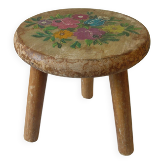 Ancien tabouret tripode sellette 3 pieds en bois décor peint floral bouquet fleur