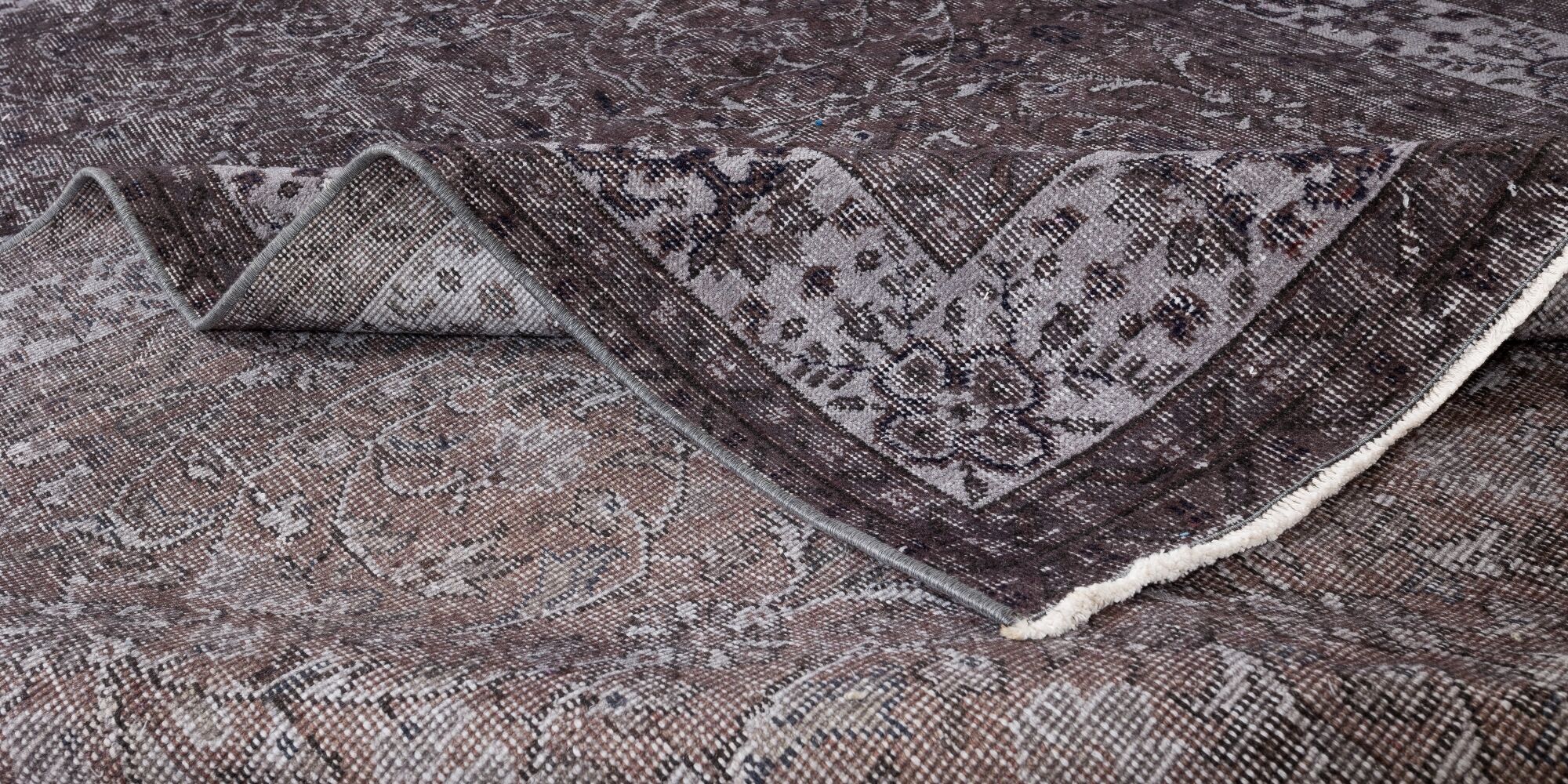 Floral pattern turkish handmade vintage wool area rug over-dyed in brown 195 x 268 cm