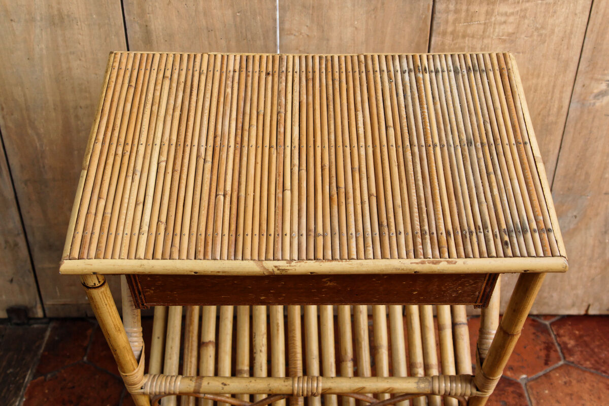 Vintage bedside table, rattan and bamboo