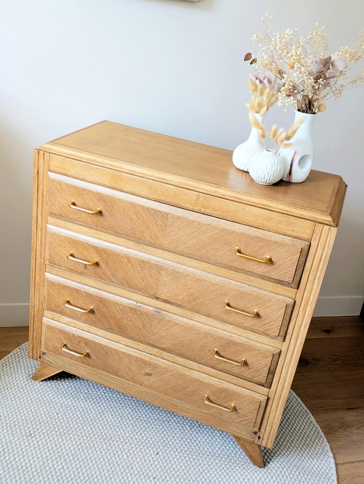 Commode vintage rénovée, chêne blond, pieds compas, années 50 60
