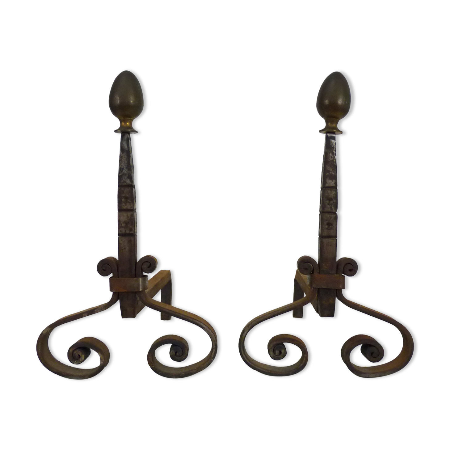 Pair of cast iron, wrought iron and brass chimney chenets. france 19th century