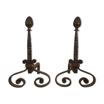 Pair of cast iron, wrought iron and brass chimney chenets. france 19th century