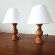 Pair of turned wooden bedside lamps