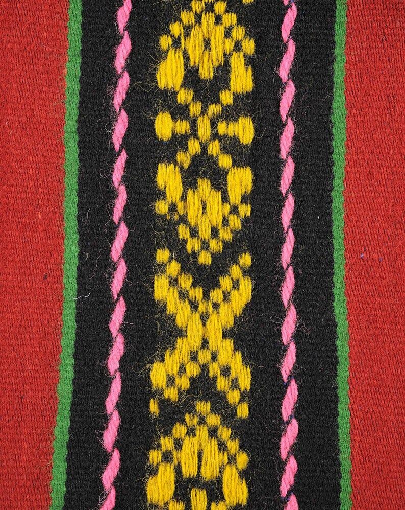 Red wool runner with stripes in bright colors , handwoven, Romania 220x80cm