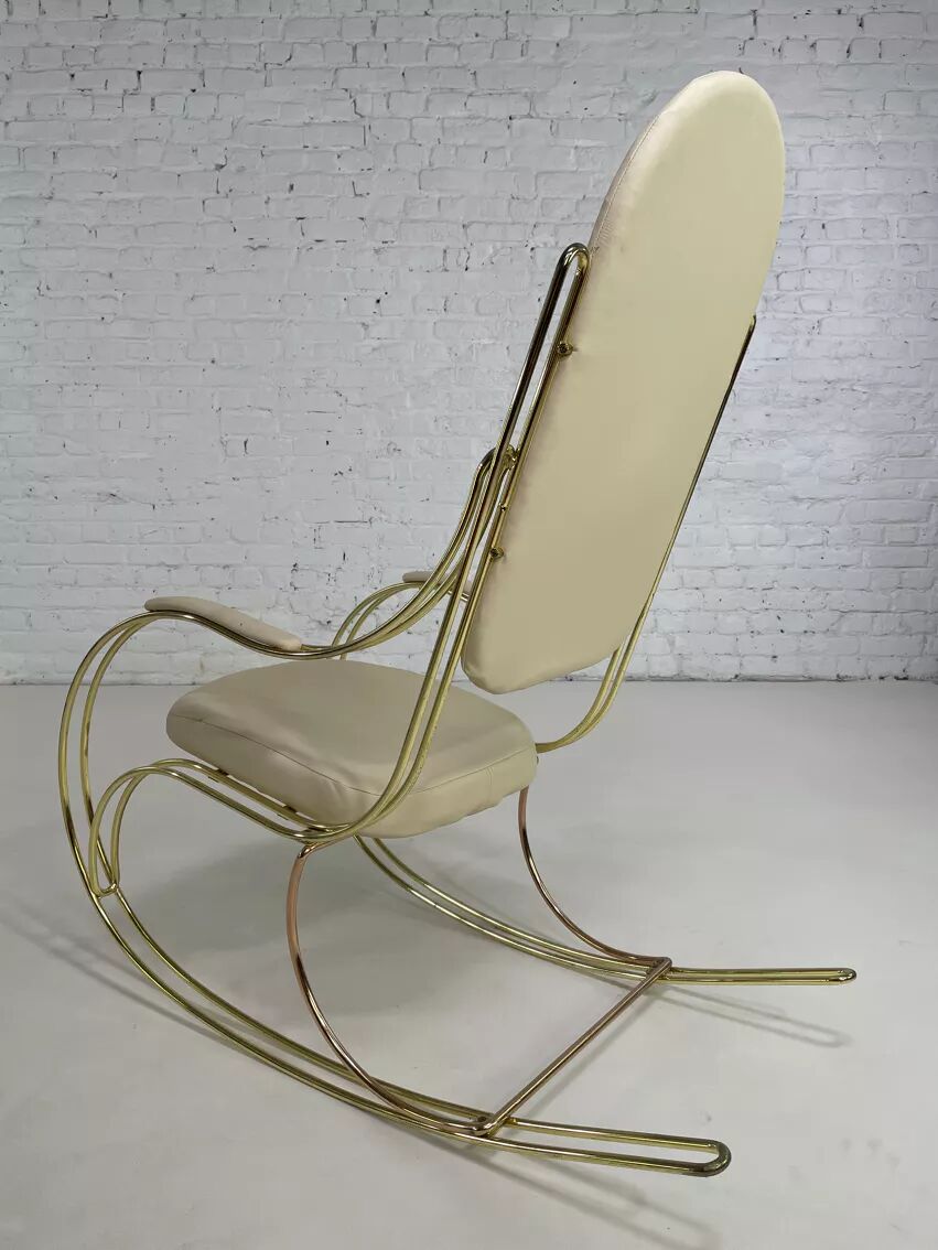 60s rocking chair in brass and ecru faux leather