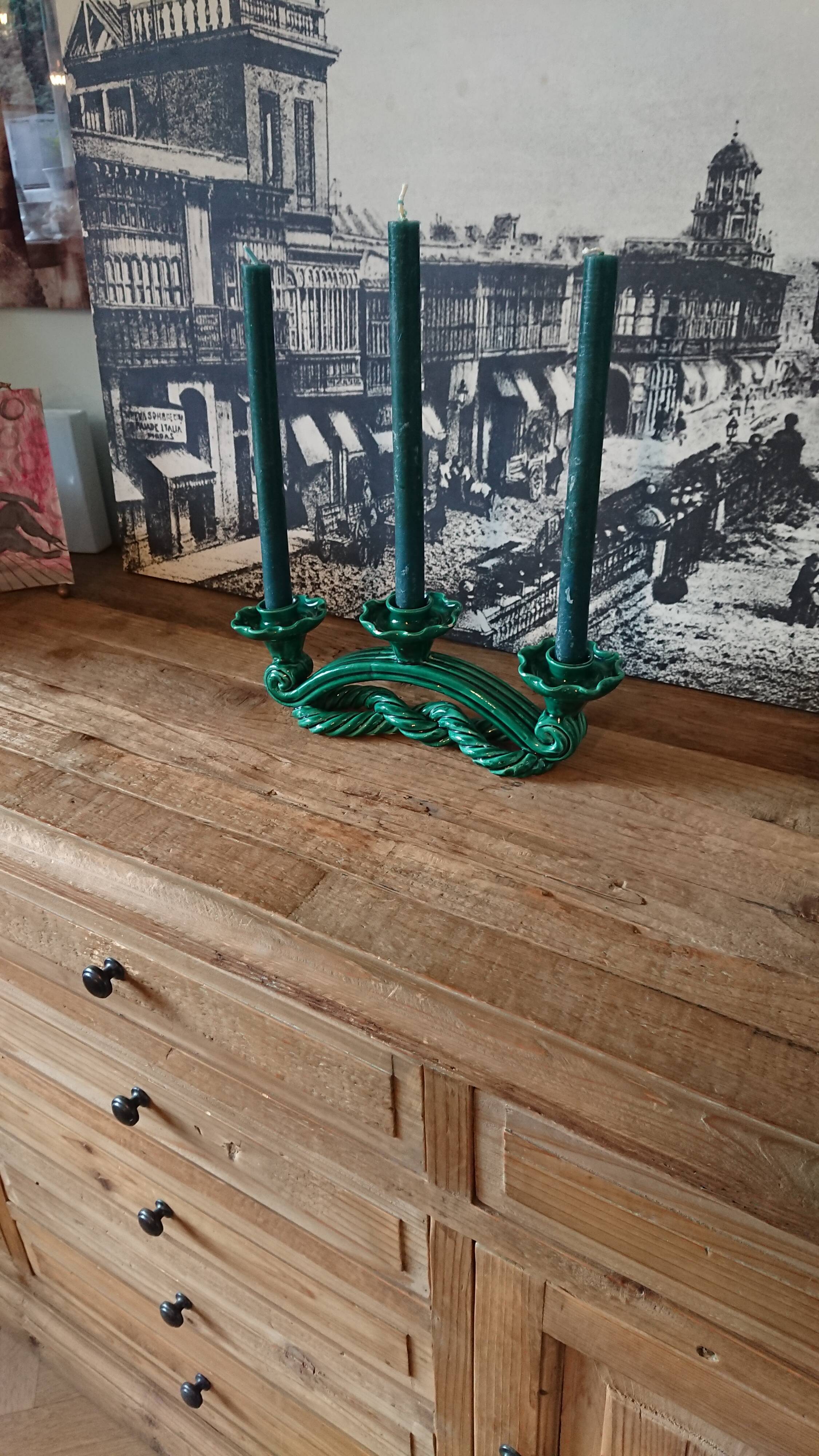 Vallauris 3-light candleholder in green earthenware