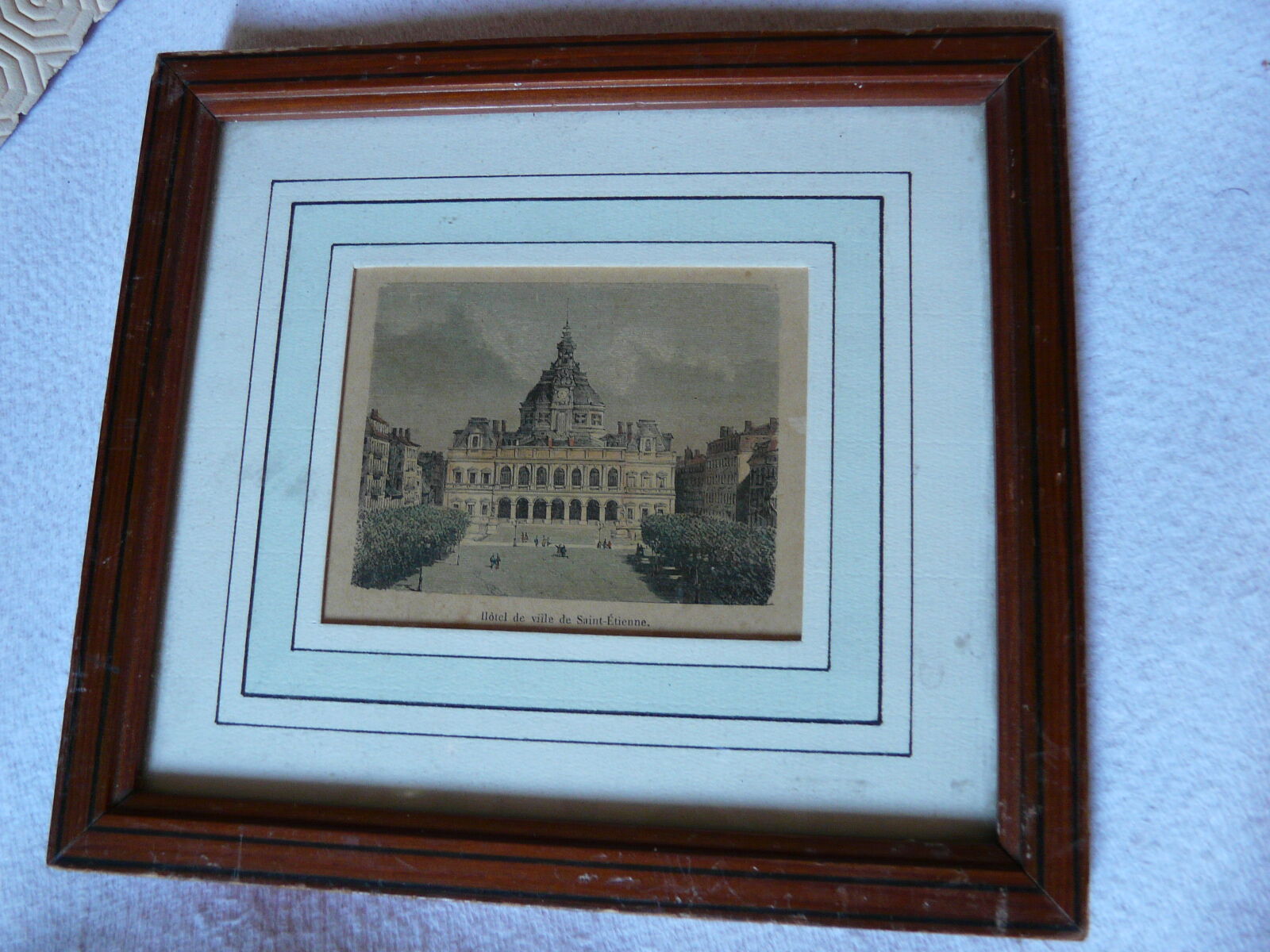 Colorized engraving The town hall of Saint Etienne pitchpin frame