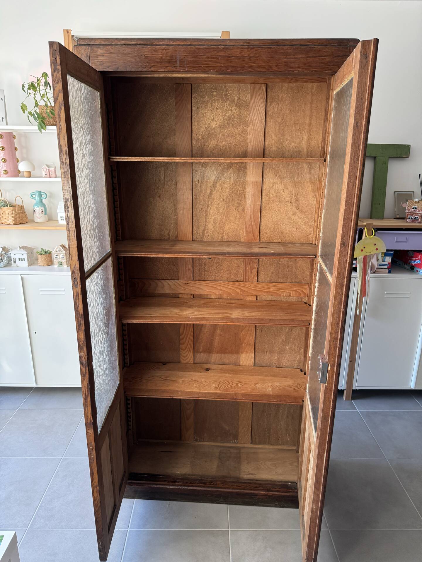 Old glass cabinet, vintage bookshelf, display case, cabinet, pharmacy.