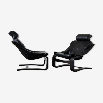 2 fauteuils en cuir Kroken par Åke Fribytter pour Nelo, années 1970