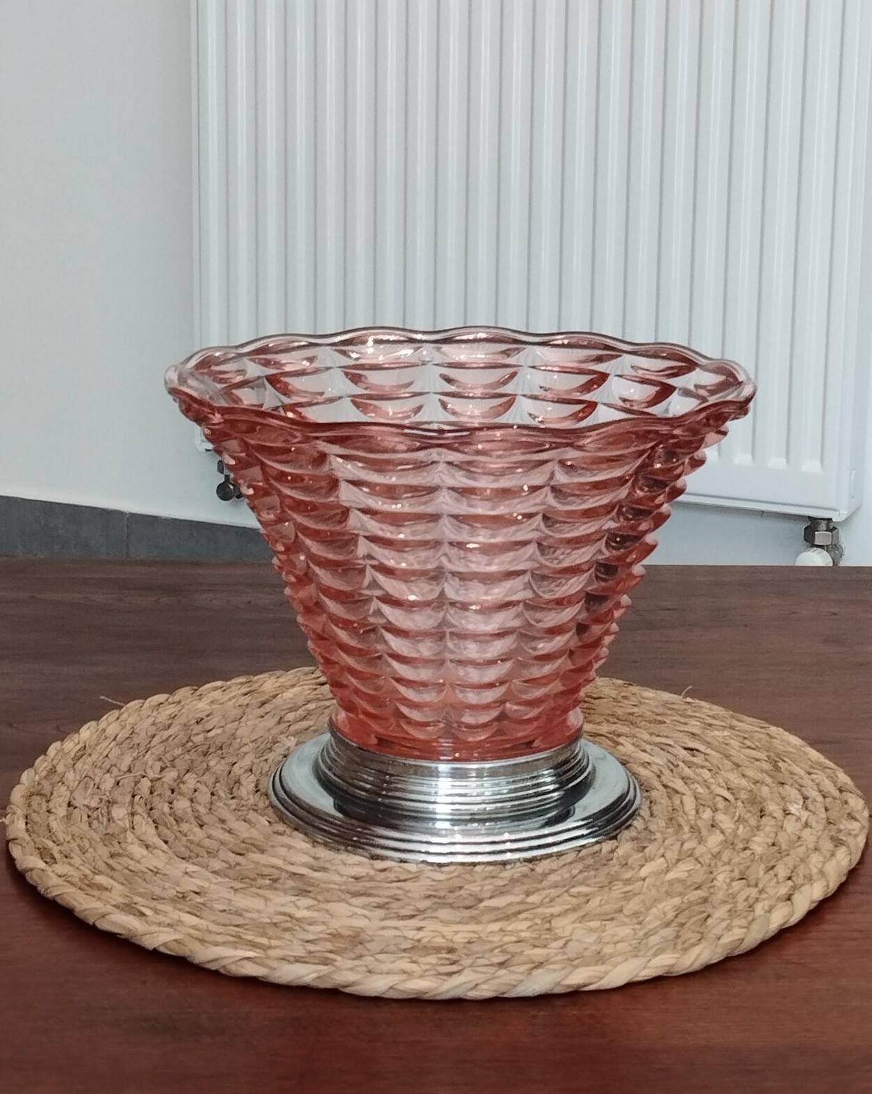 Art Deco cornucopia vase, centrepiece, bowl - blown glass & chrome 1930