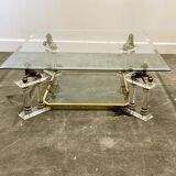 Table basse vintage française en lucite et verre avec lions en laiton, années 1980