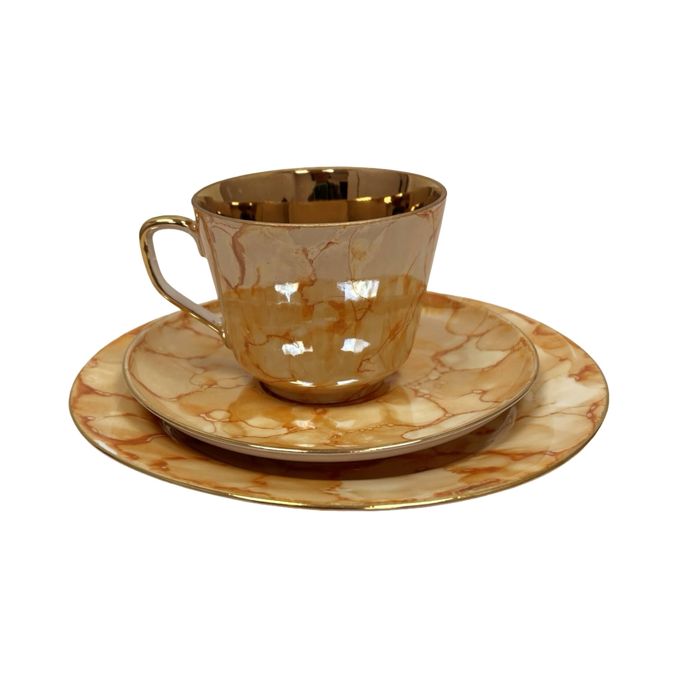 Ensemble de petit-déjeuner "Trio" de Chodzież – design marbré doré, époque PRL (années 1970).