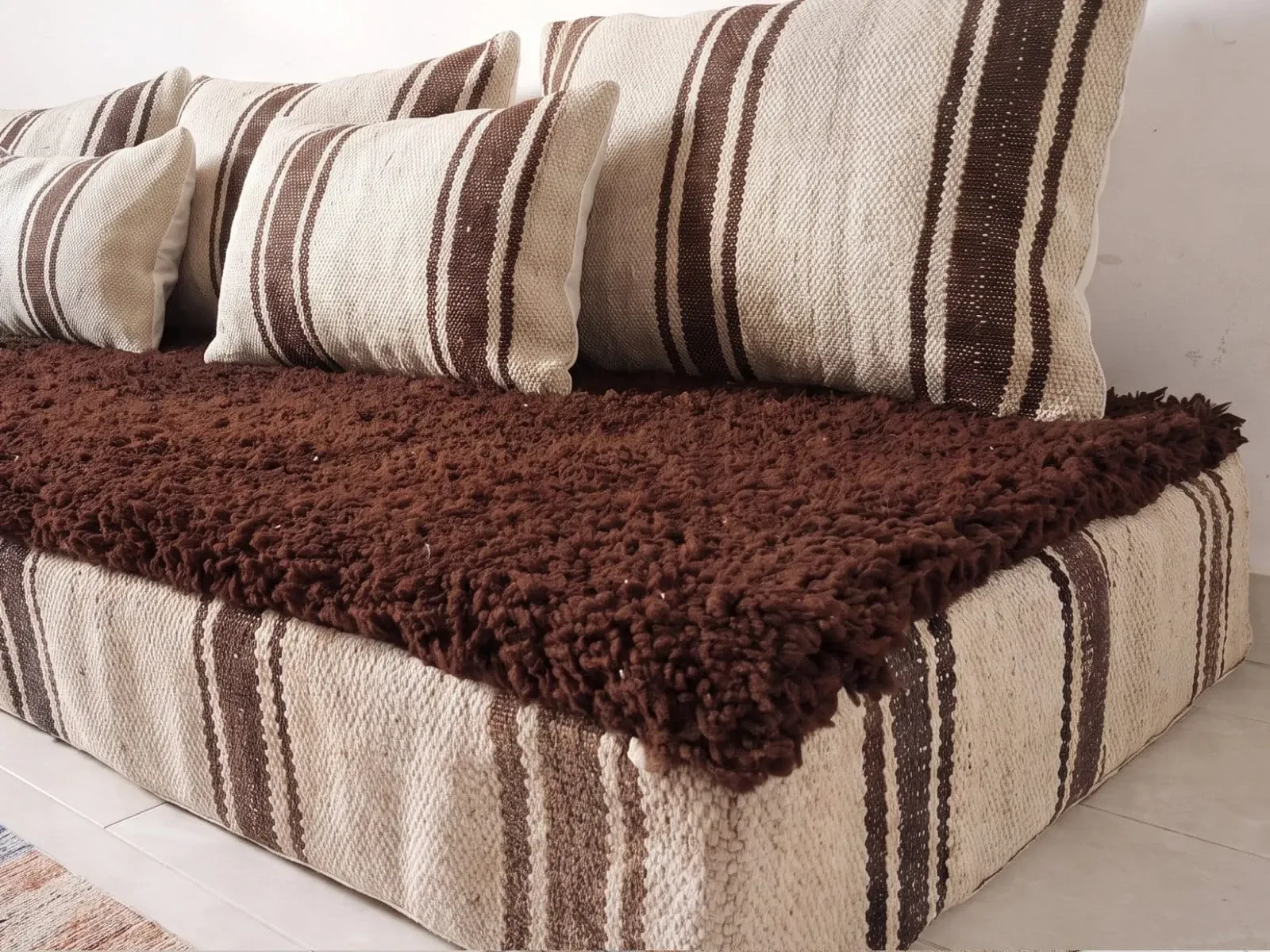 Striped coffee Hanbel floor cushion – Handwoven ivory wool