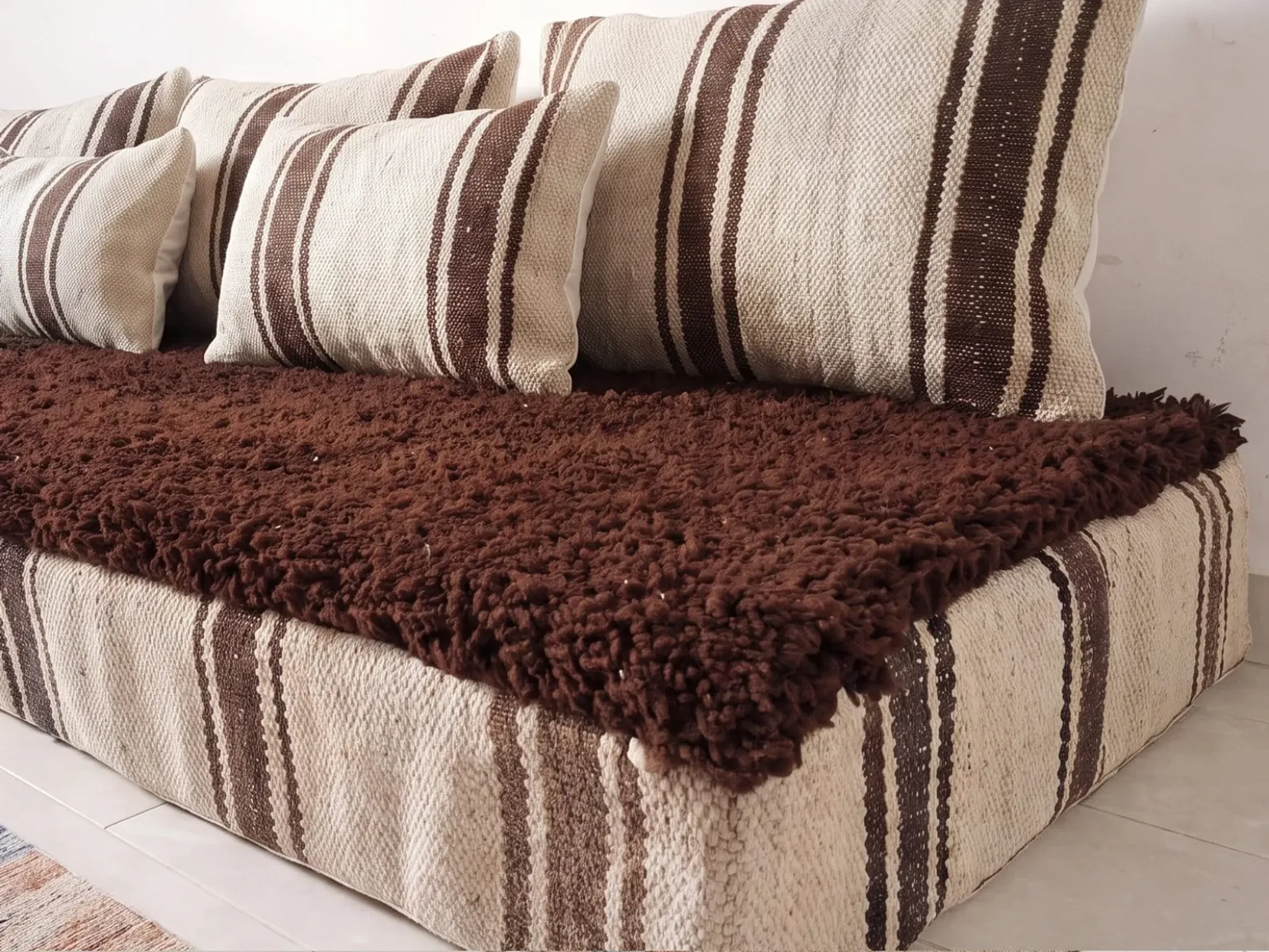 Striped coffee Hanbel floor cushion – Handwoven ivory wool